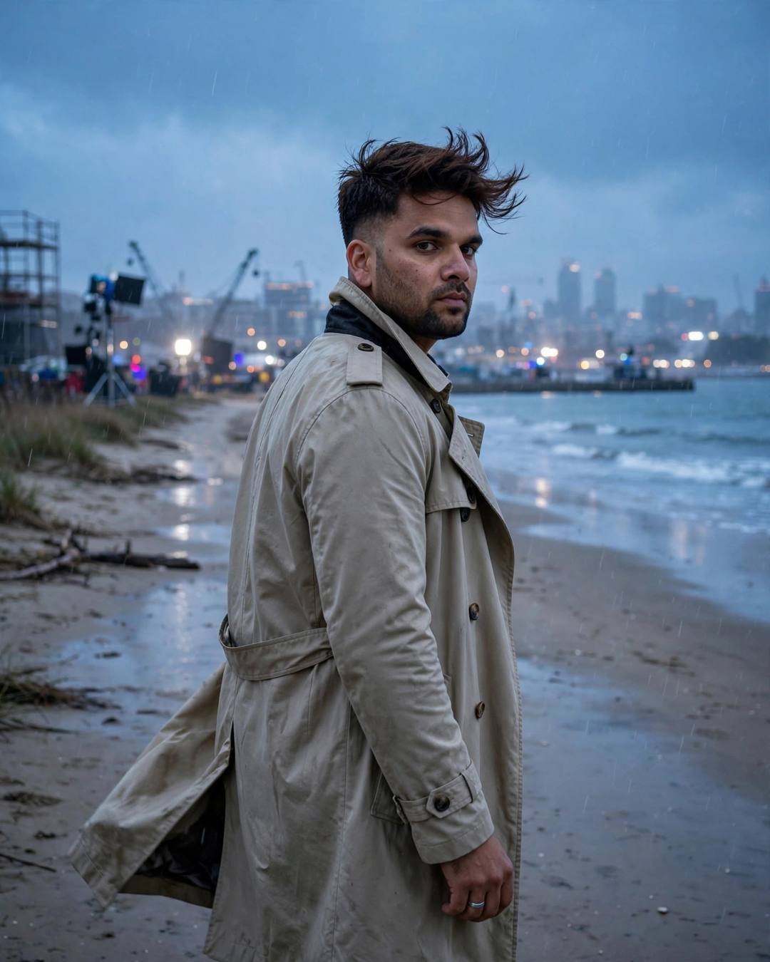 Young Indian man in a beige trench coat looking back over his shoulder on a rainy deserted beach at blue hour