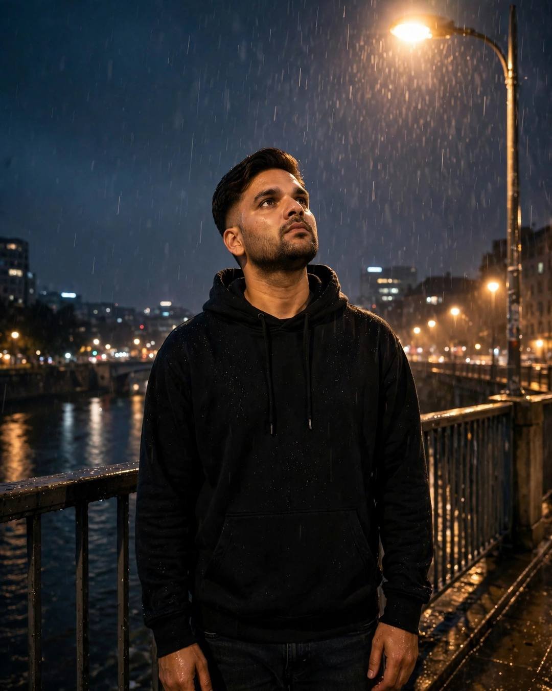 Young Indian man in a black oversized hoodie with face lifted to the rain under a streetlamp on a river bridge at midnight
