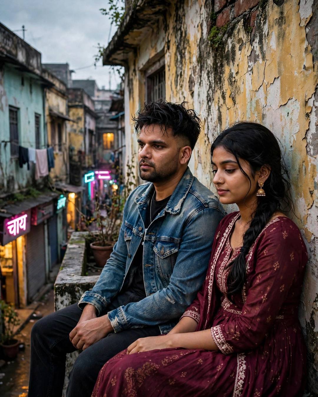 Young Indian couple sitting side by side on a rooftop against a peeling wall, old-city lane glowing with neon signs at dusk