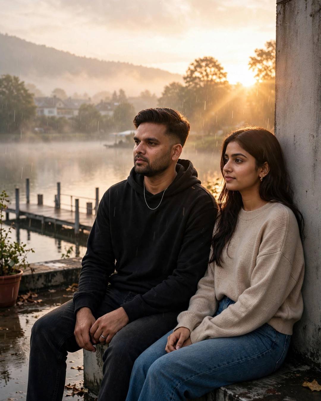 Young couple sitting together on a misty lake pier at sunrise, golden light and drizzle