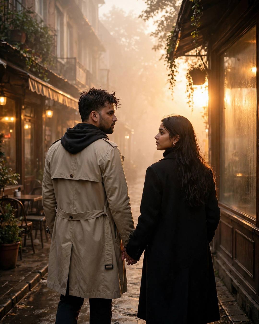 Couple holding hands walking away down a foggy cafe lane, long entwined shadows on wet stone