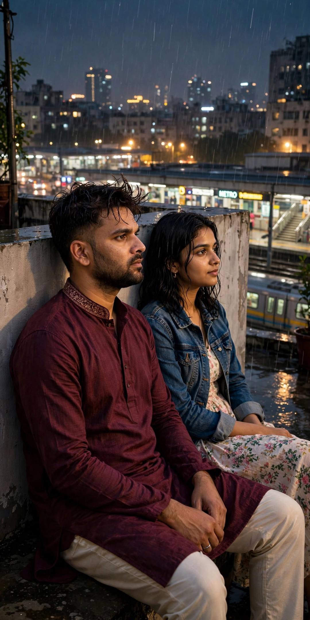 Couple sitting on a rain-soaked rooftop above a glowing metro station at midnight