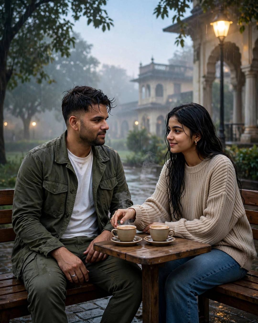Couple seated across a small wooden table with two steaming chai cups on a foggy park bench under a lone lamp