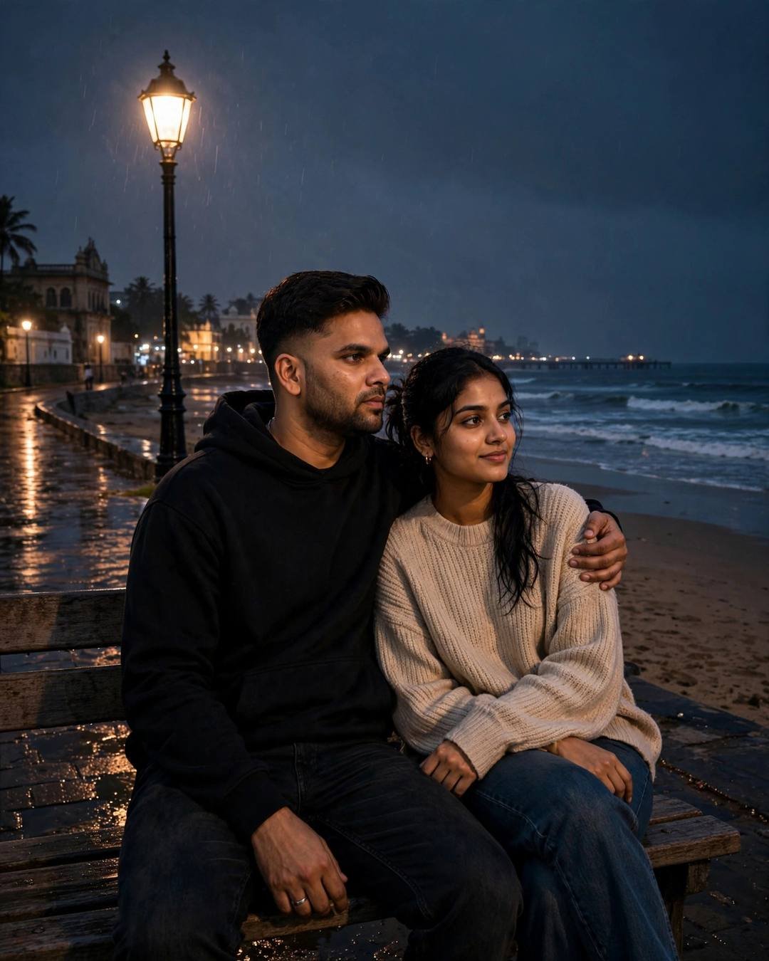 Couple sitting on a park bench under a lone sodium streetlamp on a rain-wet beach at midnight, man's arm around woman