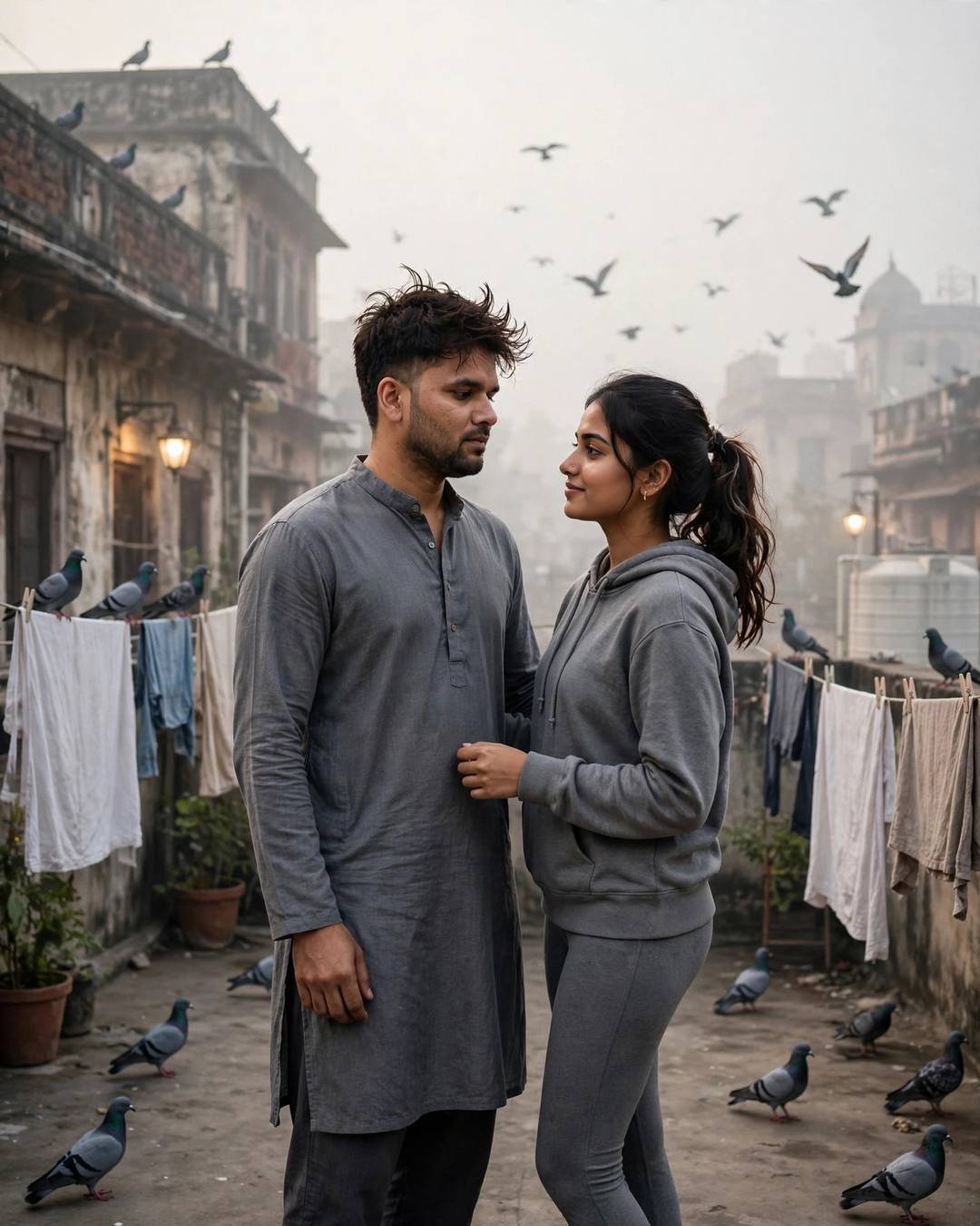 Couple slow-dancing on a foggy rooftop terrace with clotheslines and pigeons at pale dawn, man in grey kurta and woman in grey hoodie