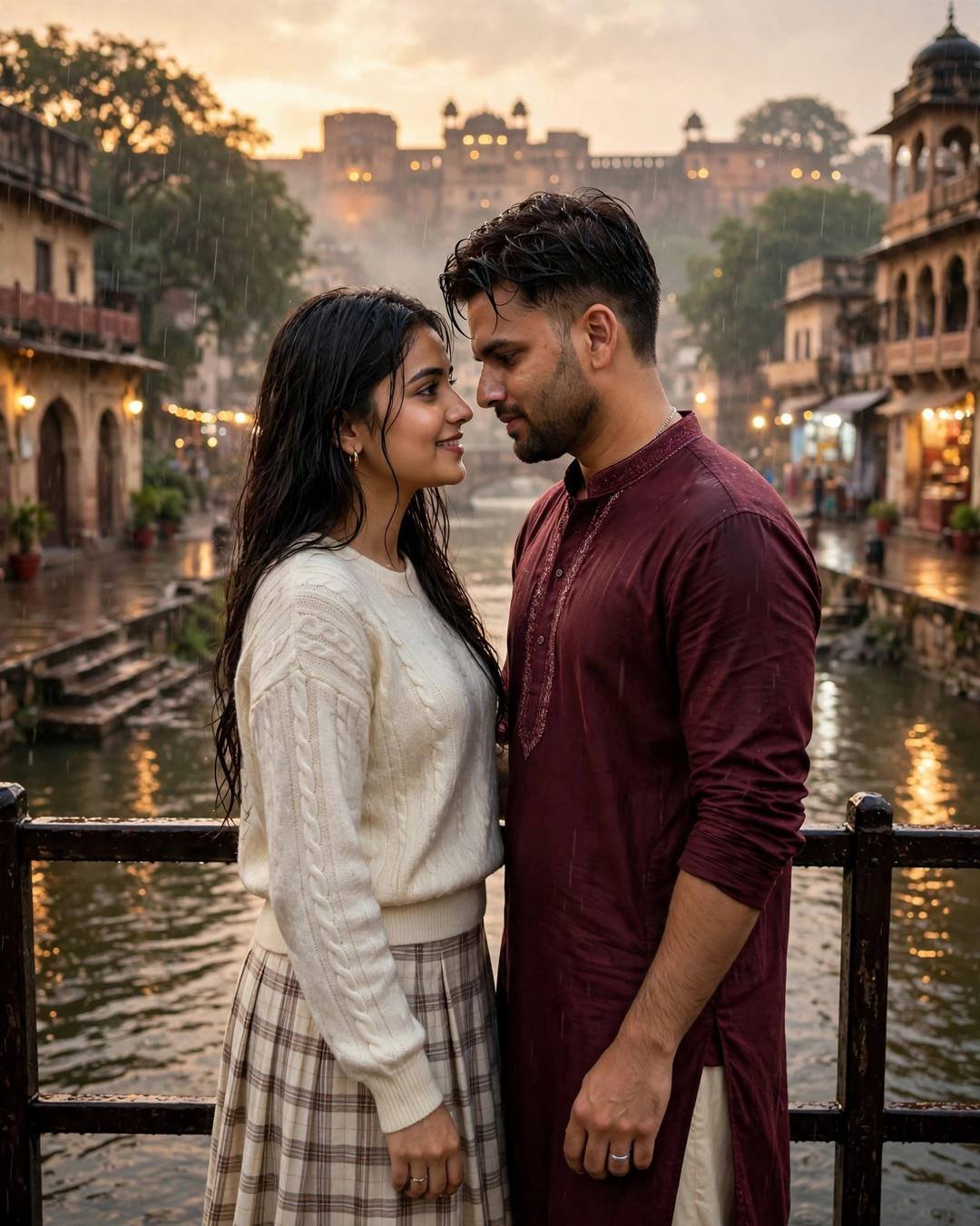 Couple standing face to face on a bridge over a slow river at golden hour, foreheads almost touching, heritage buildings behind