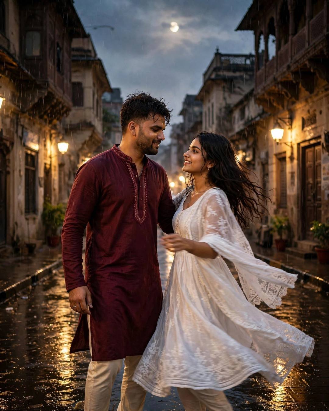 Couple dancing slowly on a rain-soaked heritage street at dusk under glowing streetlamps and a moonlit sky, man in maroon kurta and woman in flowing white dress