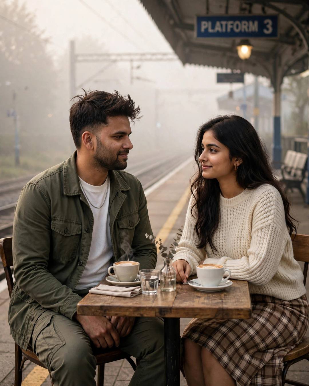 Young man and woman sharing coffee at a platform cafe table, gazing at each other