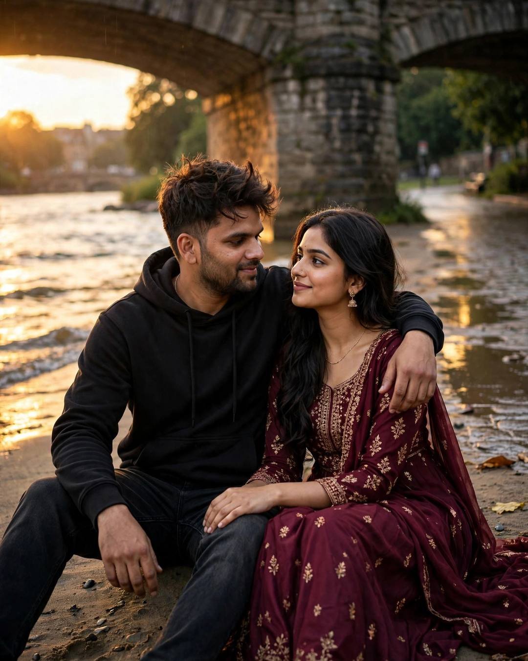 Couple sitting on riverbank sand at golden hour beneath a stone bridge, gazing at each other