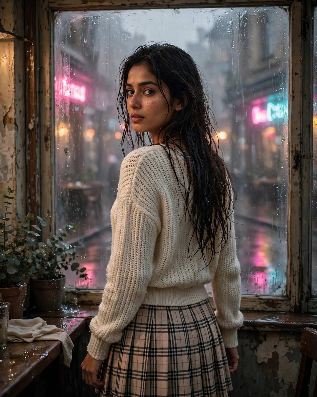 Young woman in cream knit top glancing over her shoulder at a rainy cafe window