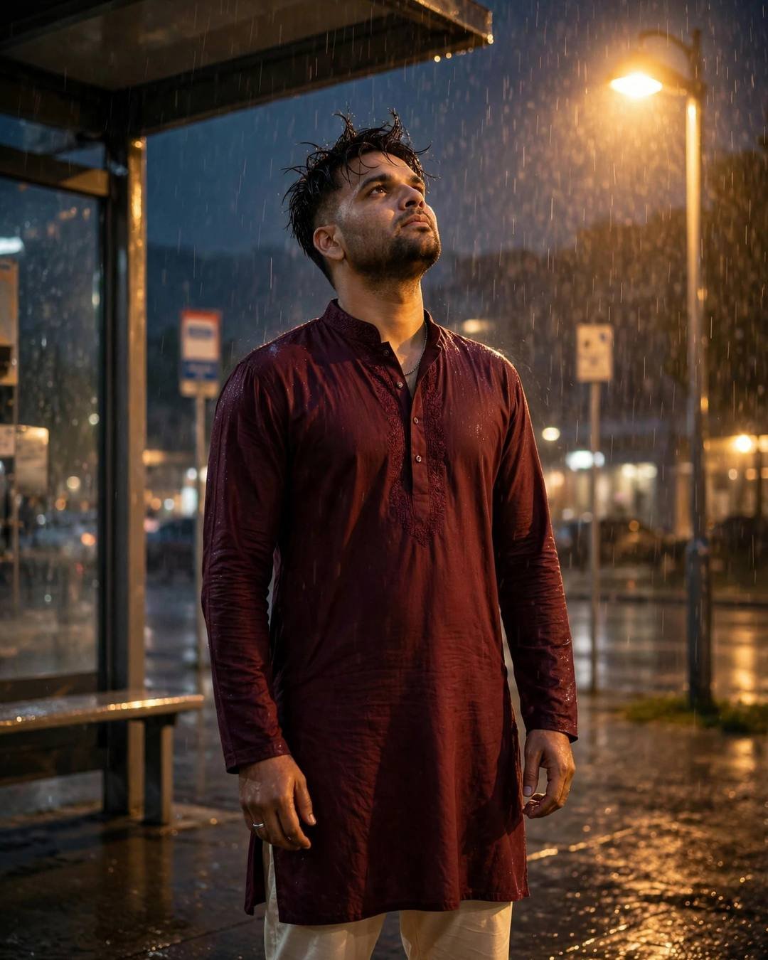 Young Indian man in a maroon kurta standing under a glowing streetlamp in the rain at night, face lifted to the sky
