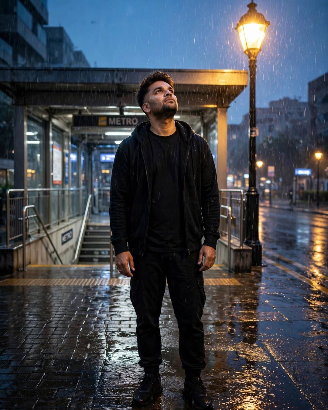 Young Indian man in black streetwear standing in rain at metro station entrance at dawn, face lifted to the sky