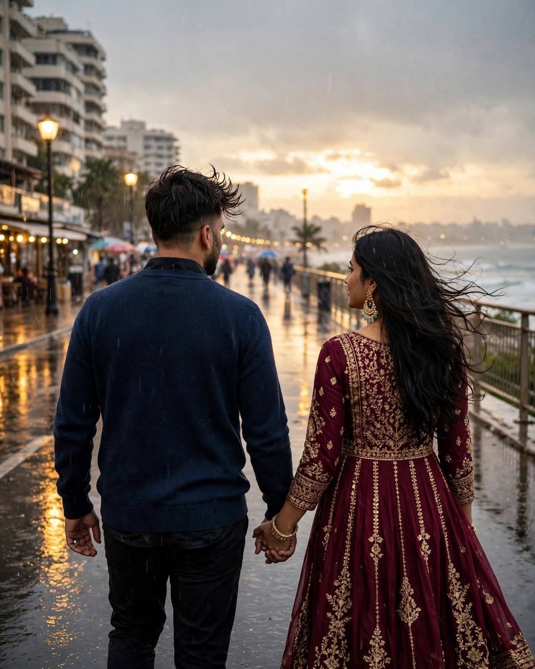 Young Indian couple walking hand in hand toward a sunset on a rainy seaside promenade, woman in maroon anarkali
