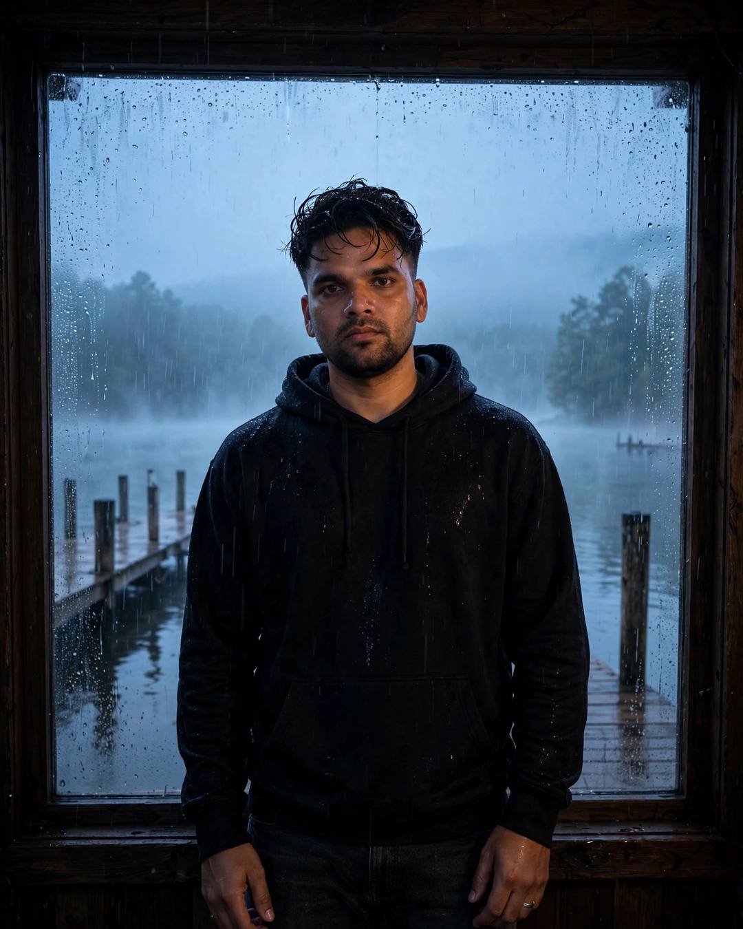 Young Indian man in black oversized hoodie standing before a rain-streaked window overlooking a foggy lake pier