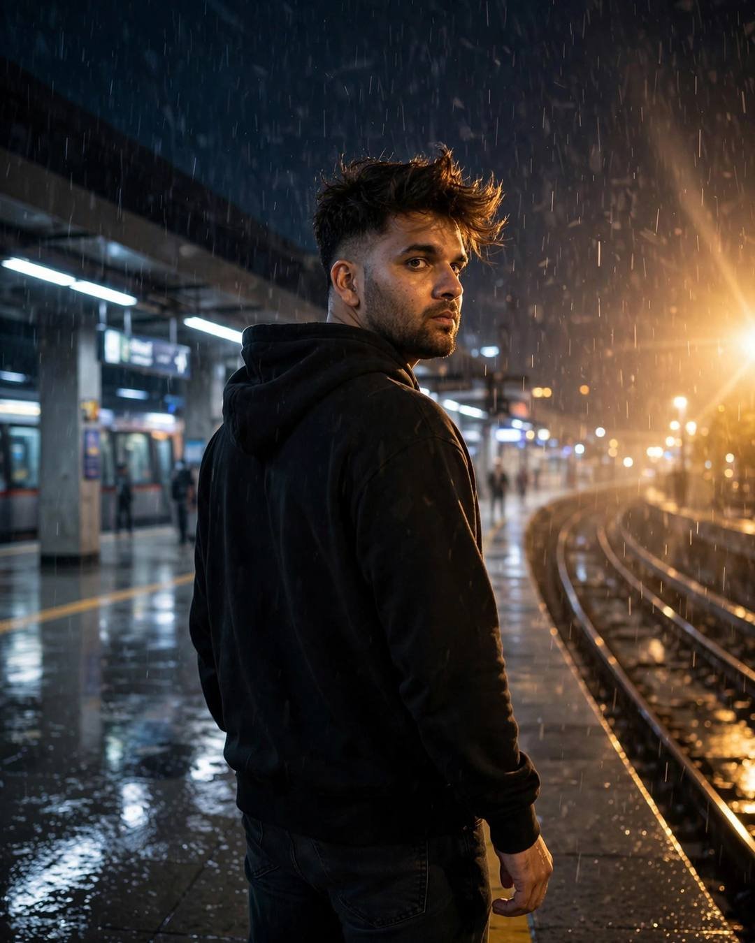Young Indian man in black hoodie looking over his shoulder on a rainy metro platform at night