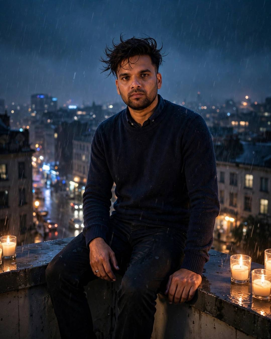 Young Indian man in navy sweater sitting on a candlelit rooftop ledge above a rainy city at night