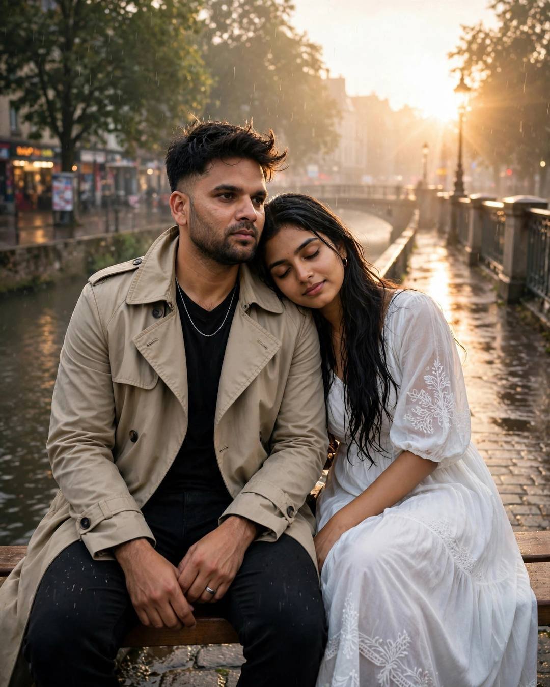 Couple on a riverside bench at golden hour — man in beige trench coat, woman in white dress leaning on his shoulder