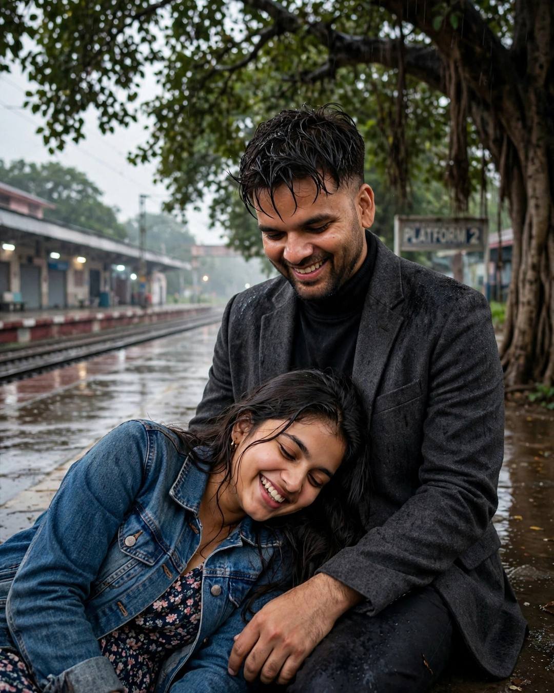 Couple laughing softly together on a rainy railway platform at night — her head in his lap under a tree