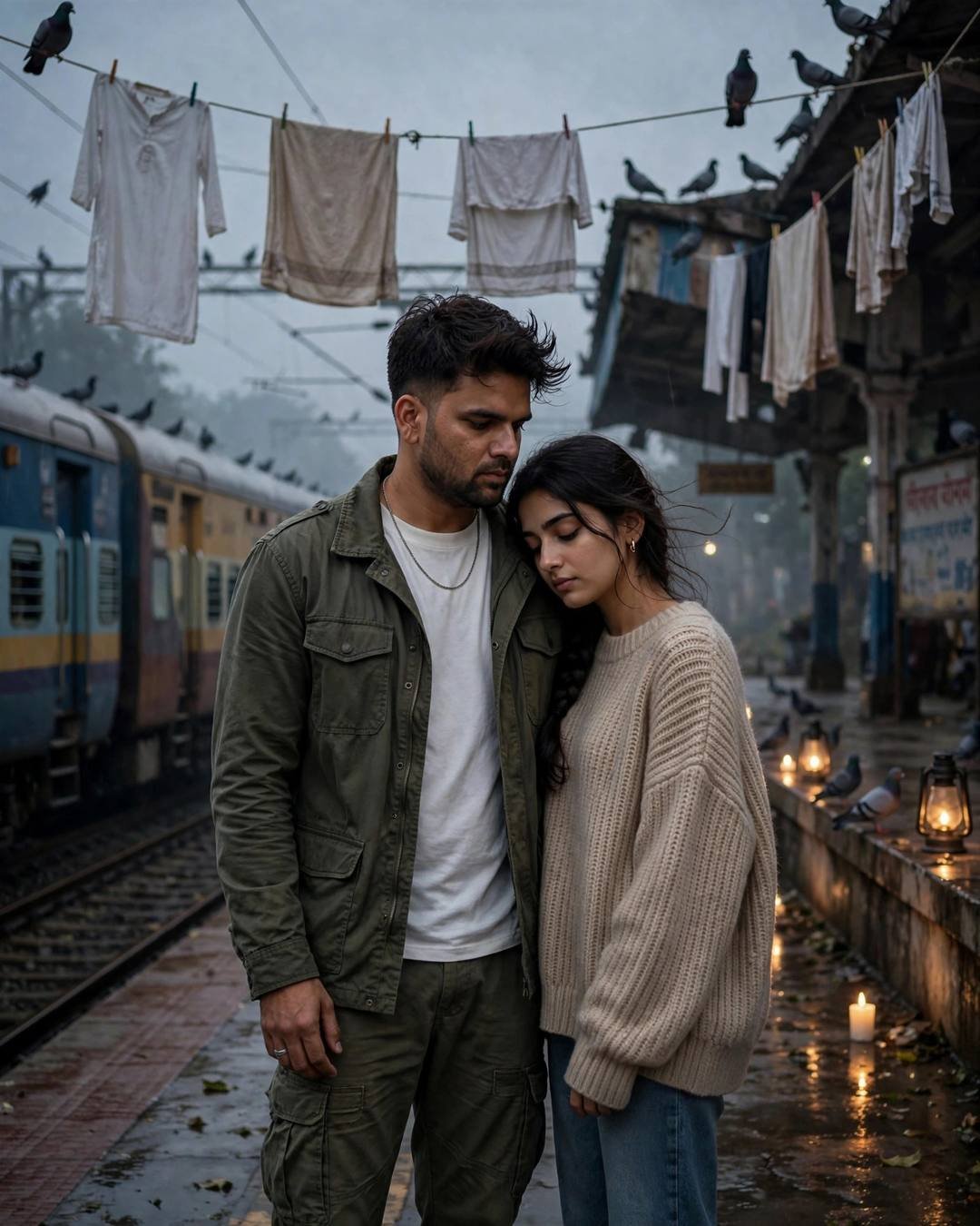 Couple in one last hug on an empty platform — olive field jacket, beige sweater, drying clothes lines and pigeons