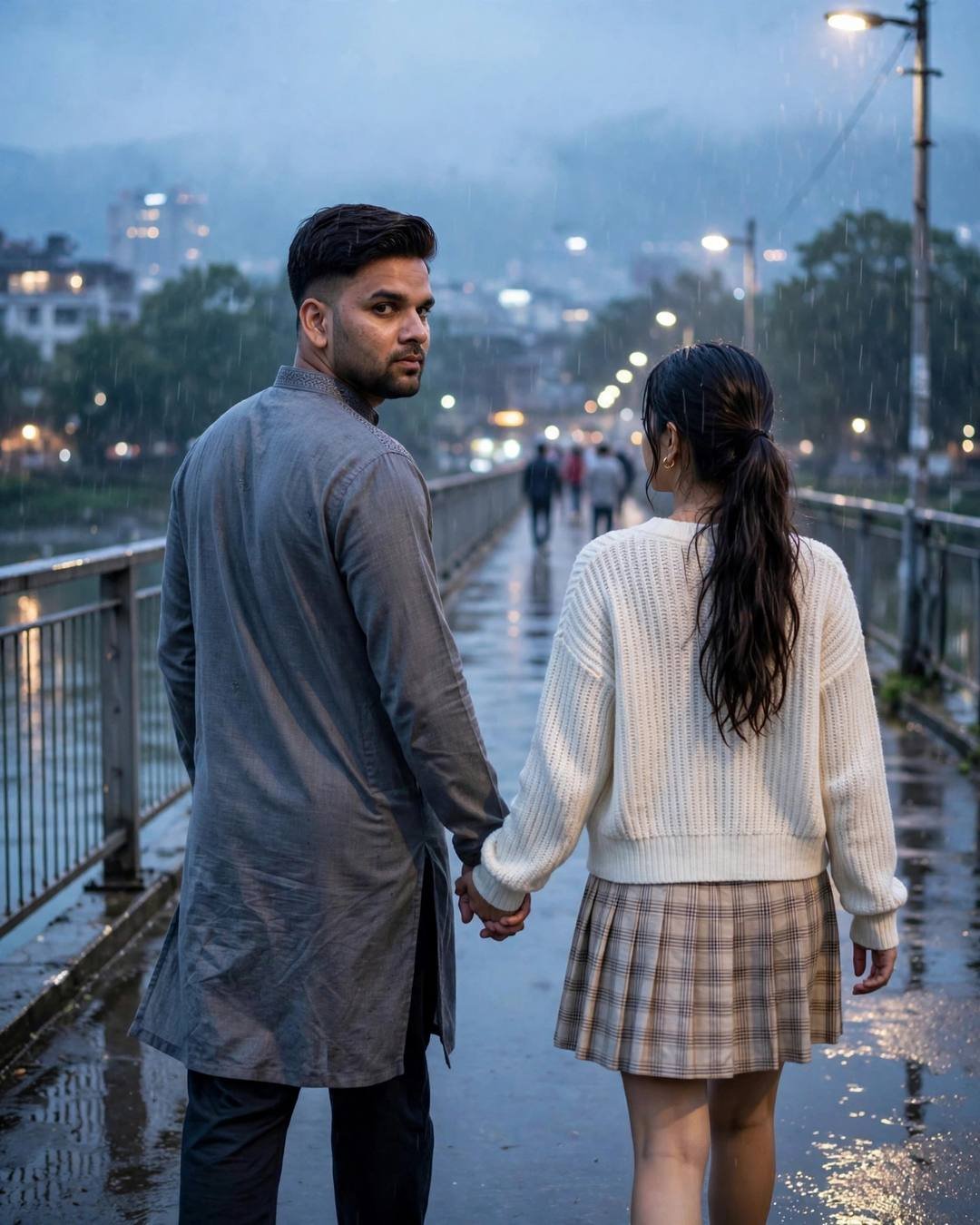 Couple walking hand in hand away from camera across a drizzly bridge at blue hour