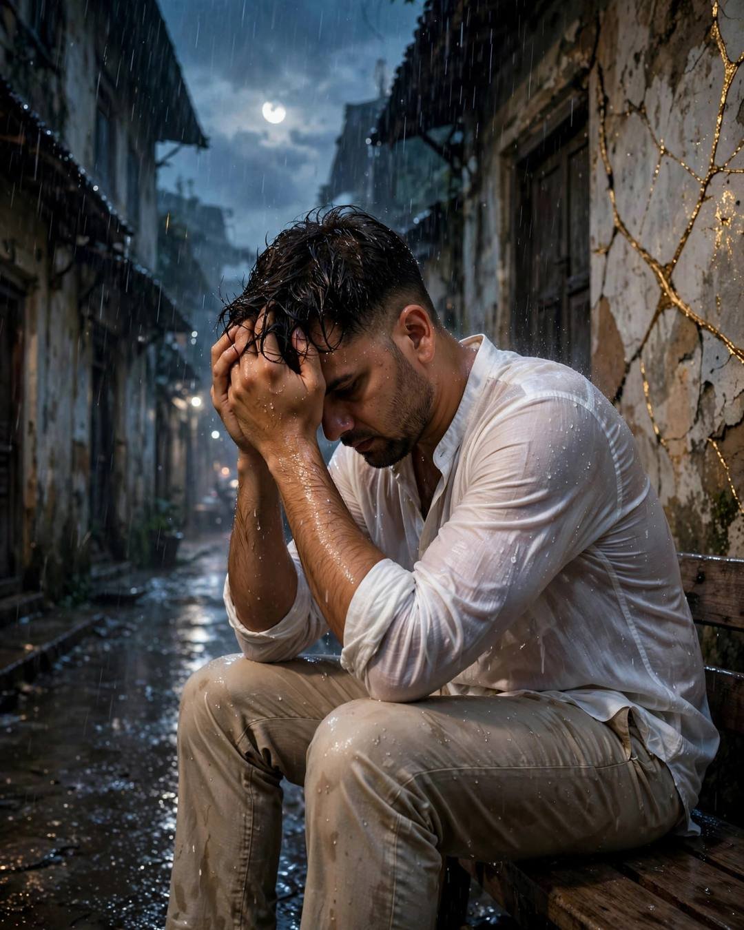Man in a white linen shirt sitting on a bench in a rainy old-city lane at blue hour with head in hands, moonlight, gold-filled cracks on the wall