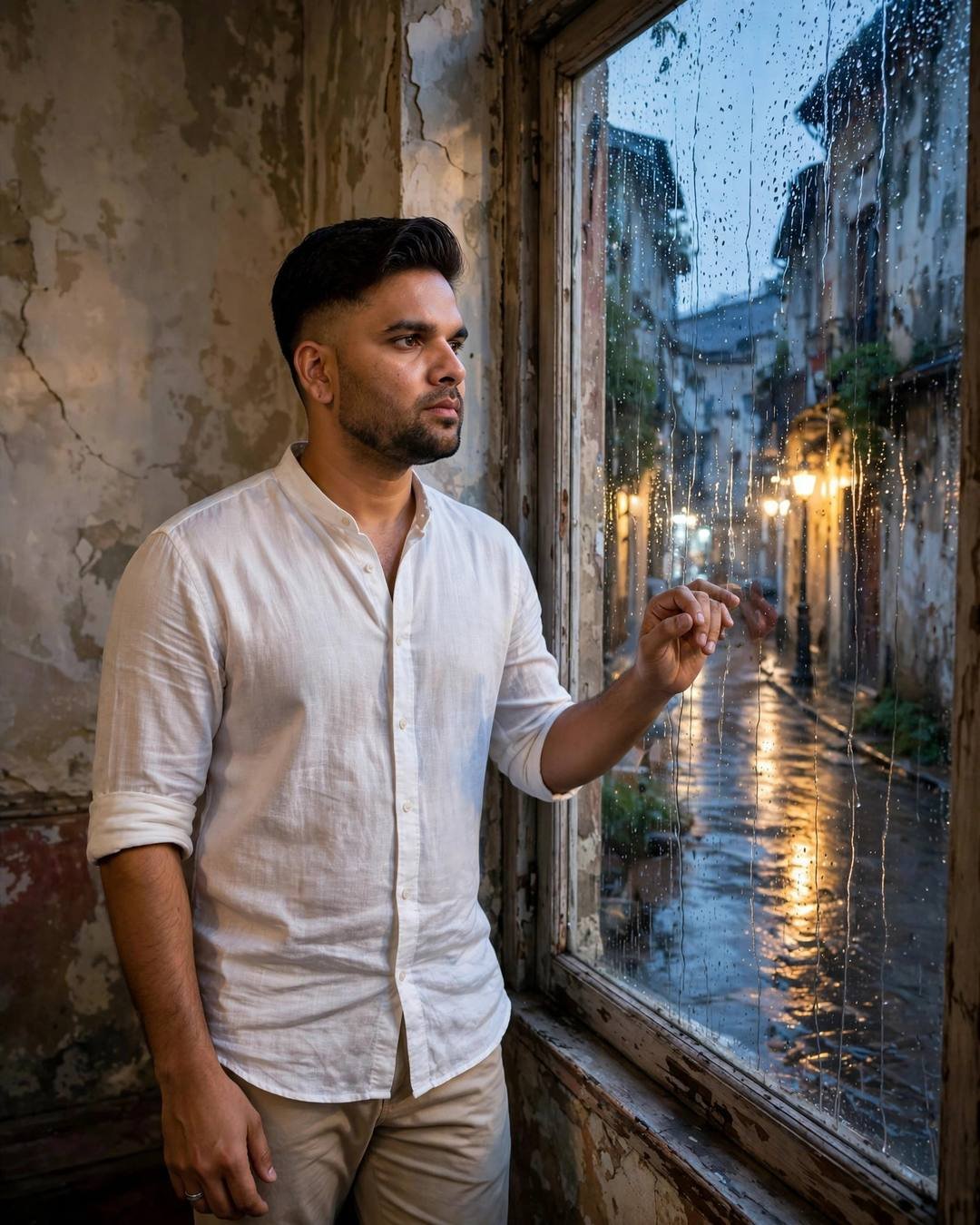 Man in a white linen shirt standing at a rain-streaked window with one hand on the glass, rainy old-city lane glowing outside