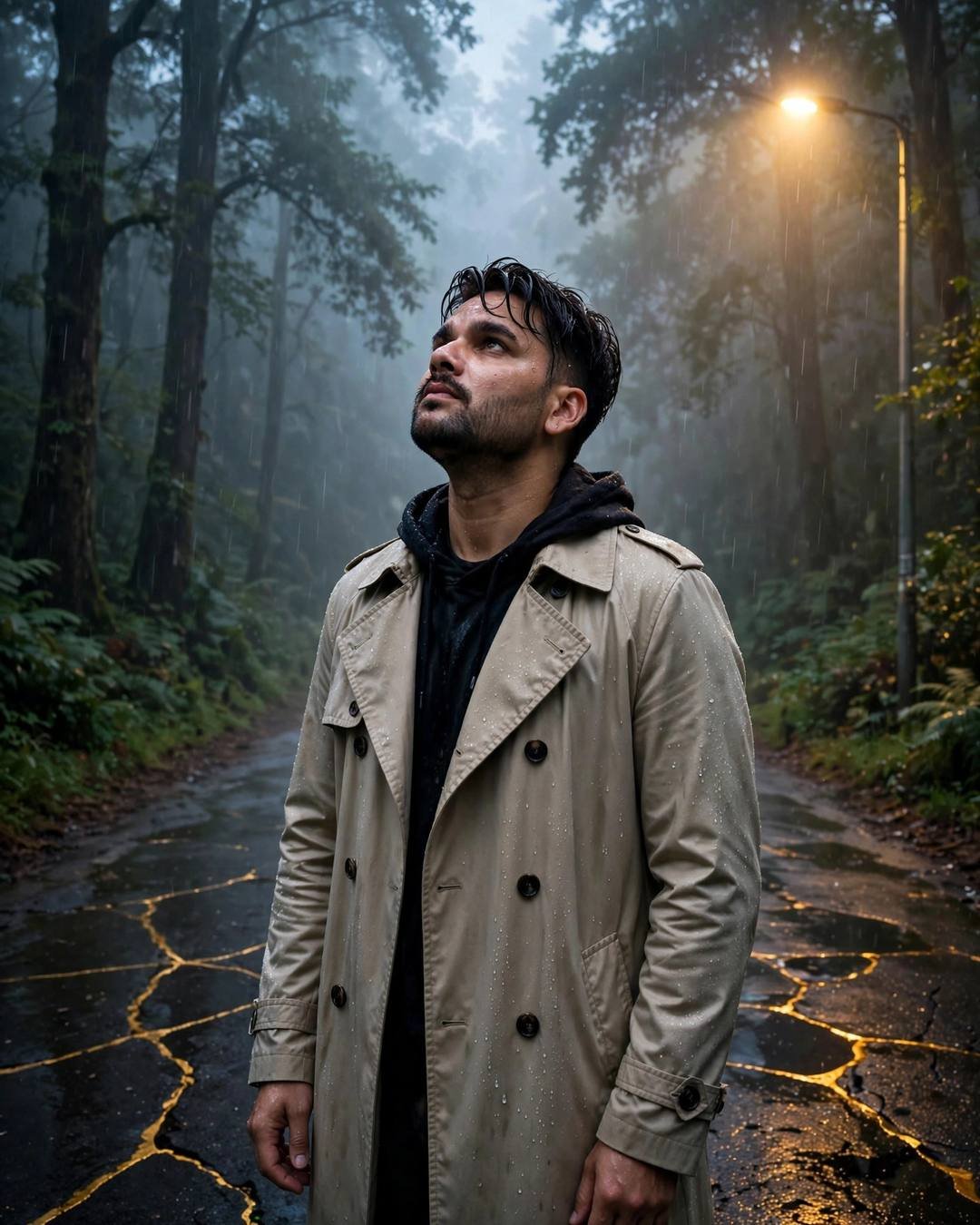 Man in a beige trench coat standing on a misty forest path in rain with face lifted to the sky, streetlamp glowing, gold cracks in the road
