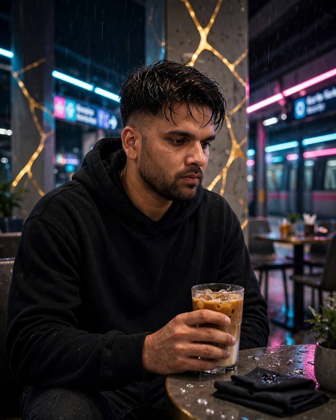 Man in a black hoodie cradling a cold coffee at a midnight metro cafe, neon lights, gold kintsugi cracks on the concrete pillar