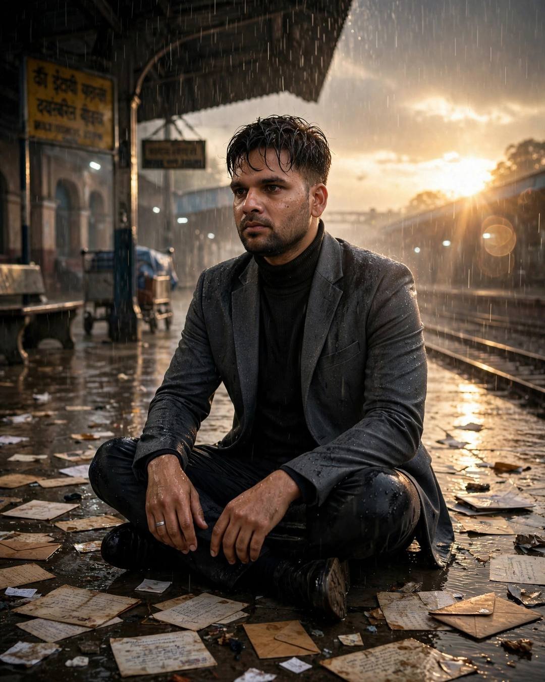 Young Indian man in a charcoal blazer sitting cross-legged among old letters on a rainy railway platform