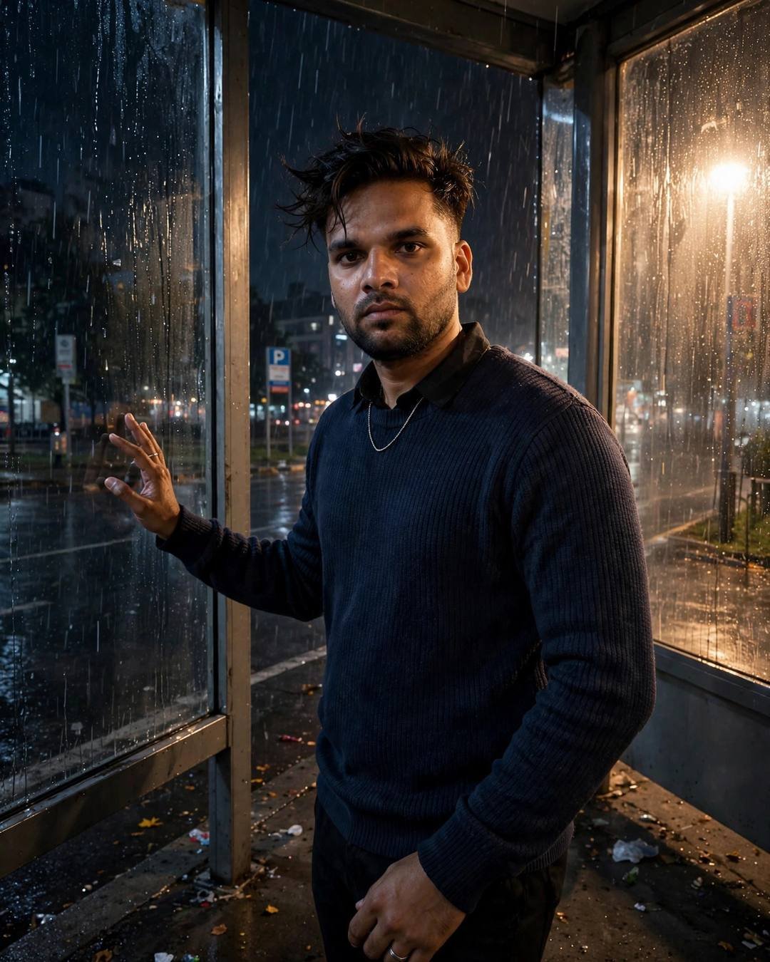 Young Indian man in a navy sweater with his hand on a rain-streaked bus stop window at midnight
