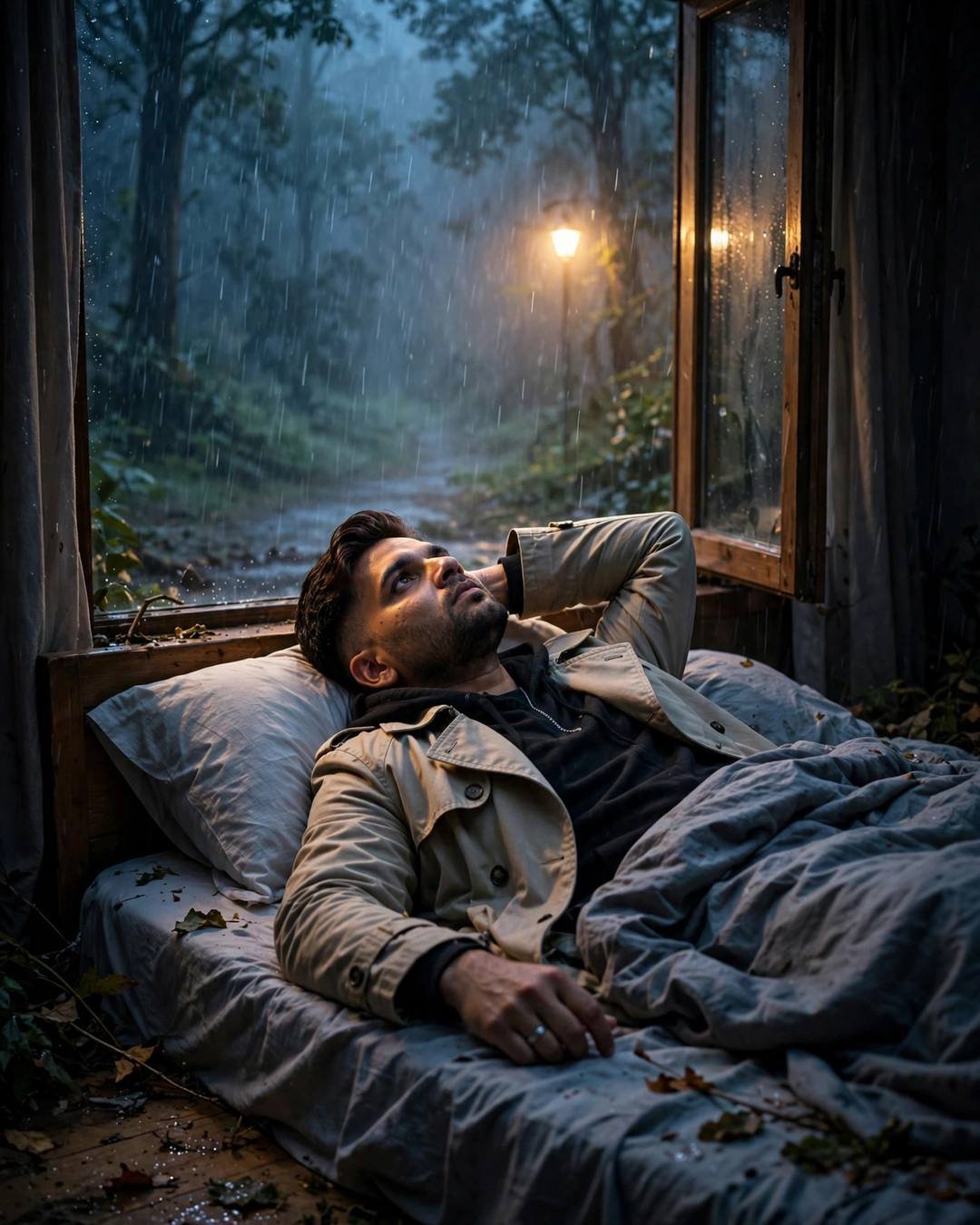 Young Indian man in a beige trench coat lying on a bed by a rain-streaked window, streetlamp glowing outside