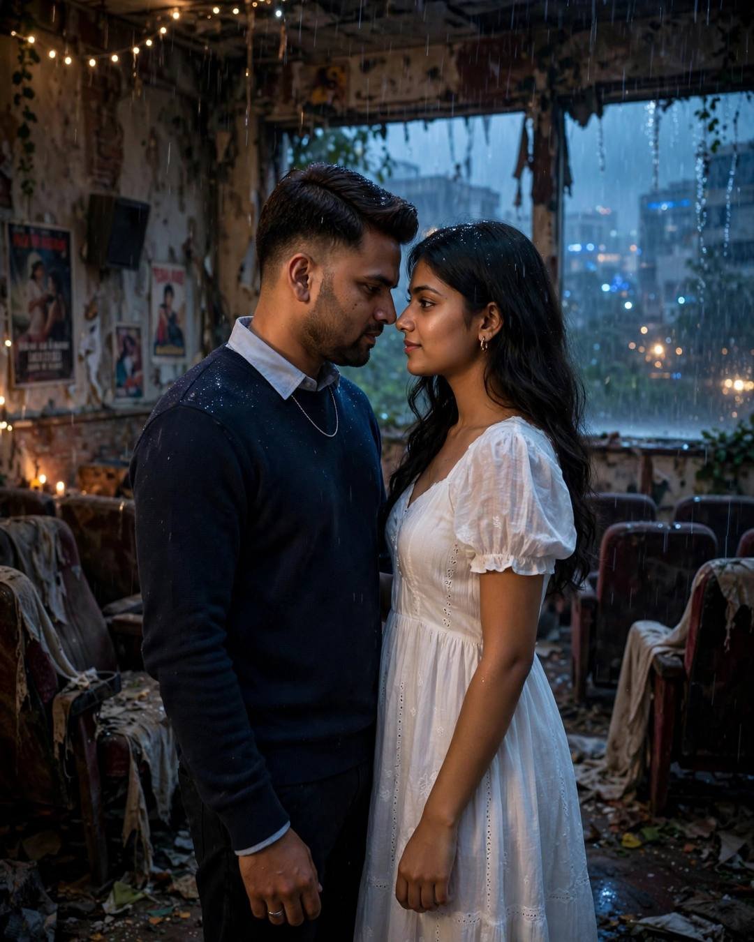 Young Indian couple standing face to face with foreheads almost touching inside a rain-soaked abandoned cinema hall