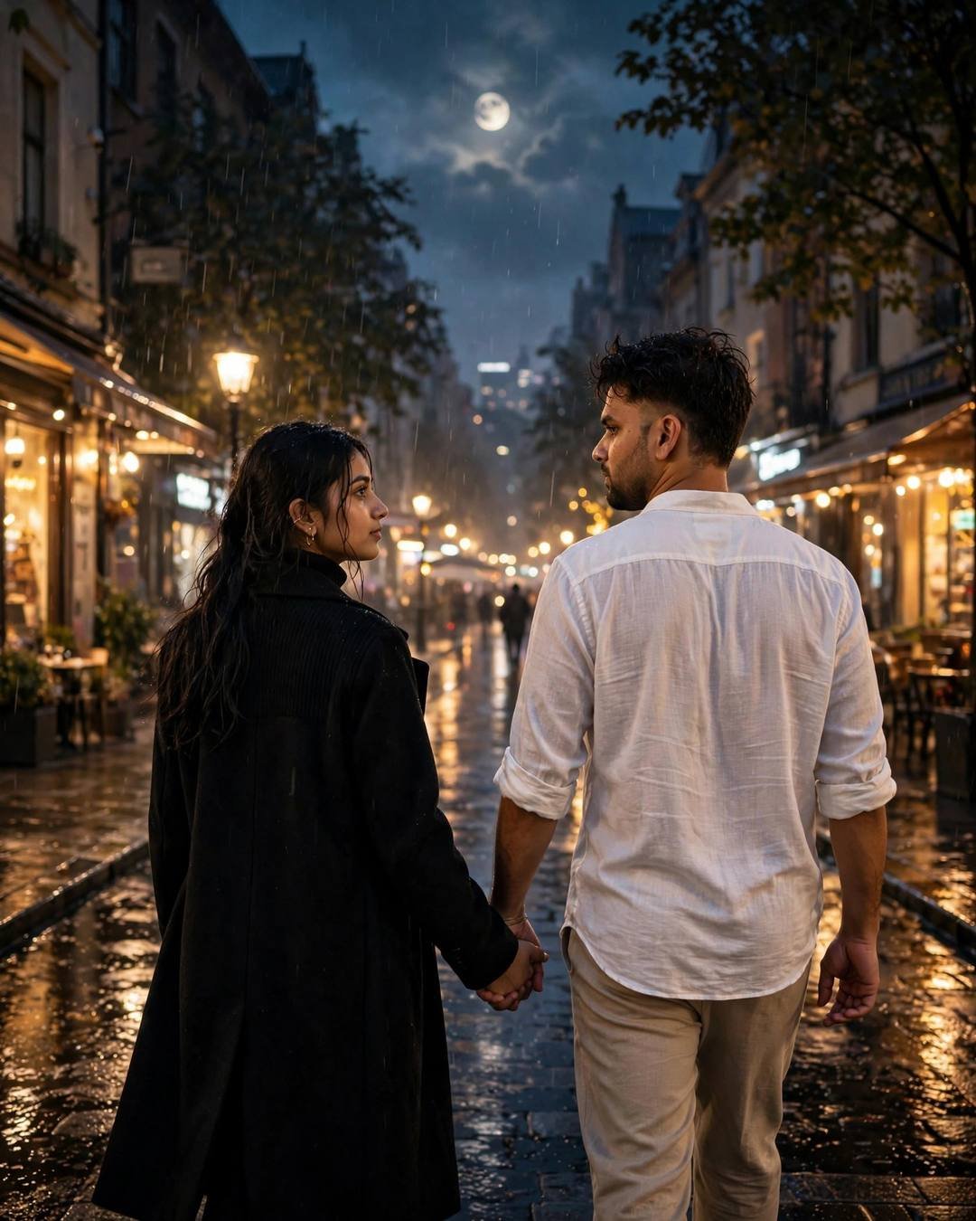 Young Indian couple walking hand in hand down a moonlit rainy street, man in white linen shirt, woman in black coat