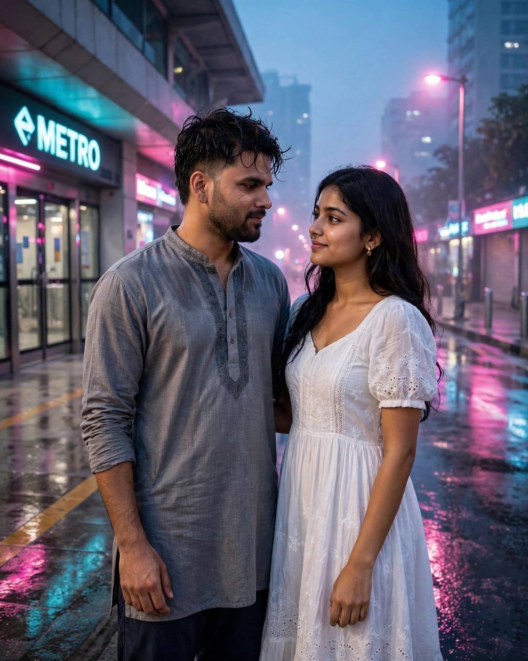 Young Indian couple facing each other on a neon-lit rainy street at night, metro sign glowing
