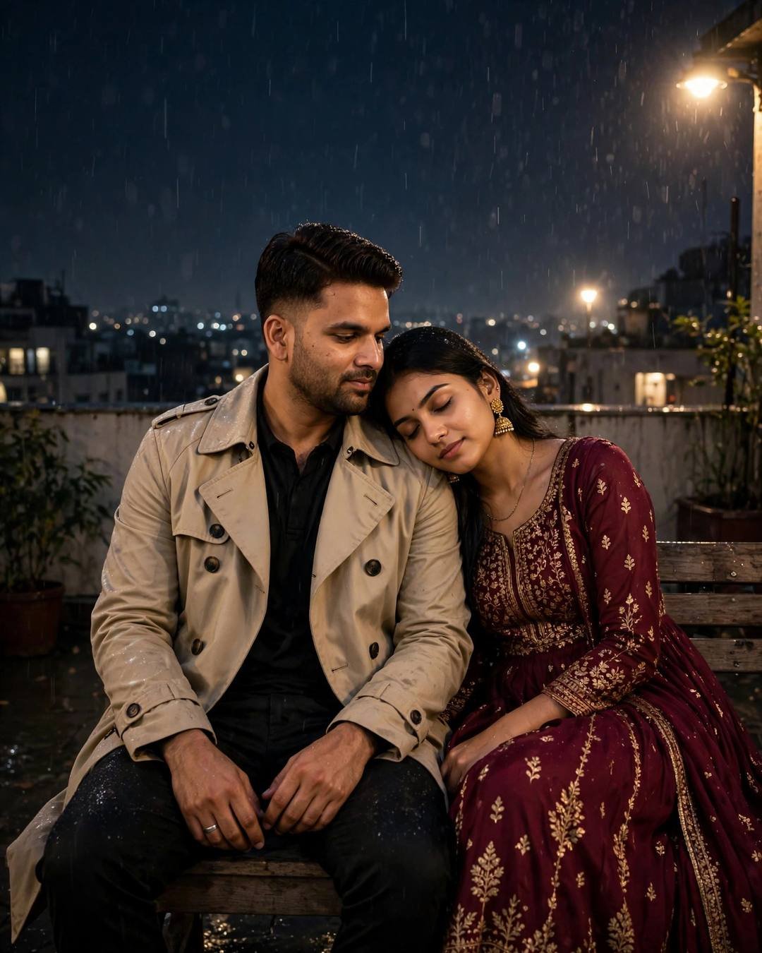 Young Indian couple sitting close on a rooftop bench at night, woman's head on man's shoulder, city lights below, drizzle