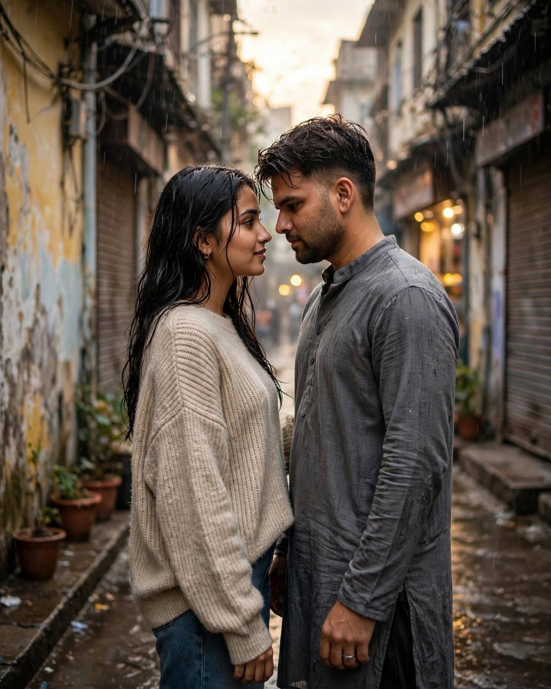 Young Indian couple standing face to face in a narrow old-city lane, foreheads almost touching, rain falling