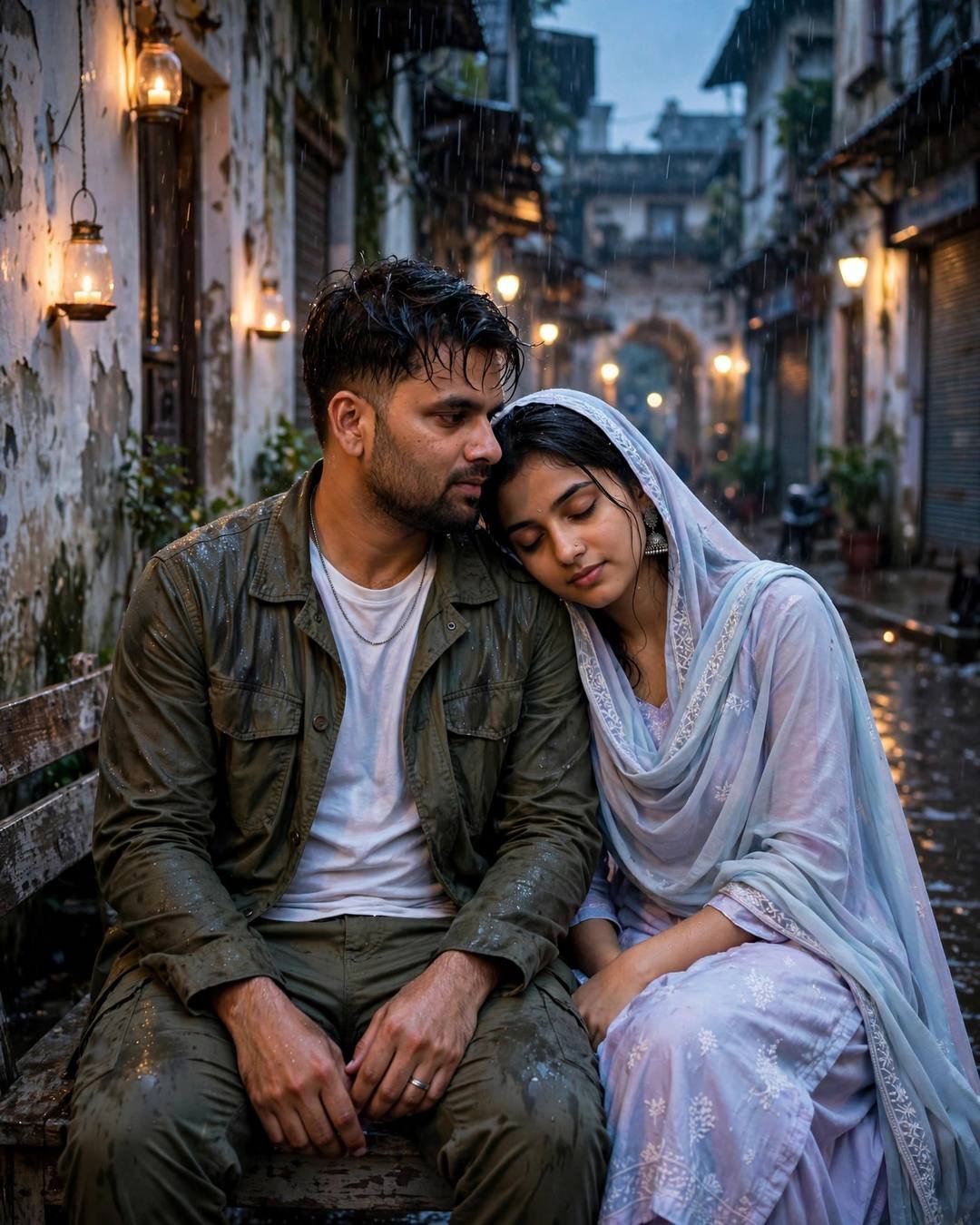 Young Indian couple sitting close on a bench in an old-city lane at blue hour, woman's head on man's shoulder, lanterns glowing