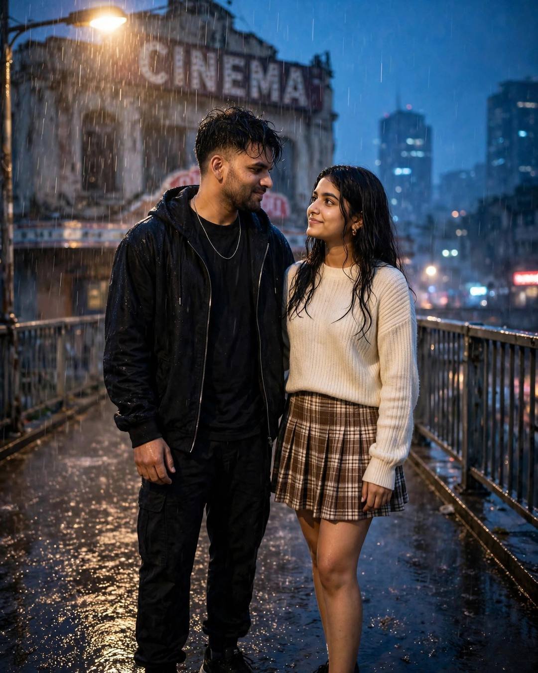 Young Indian couple standing close on a rainy bridge at blue hour, old cinema sign glowing behind