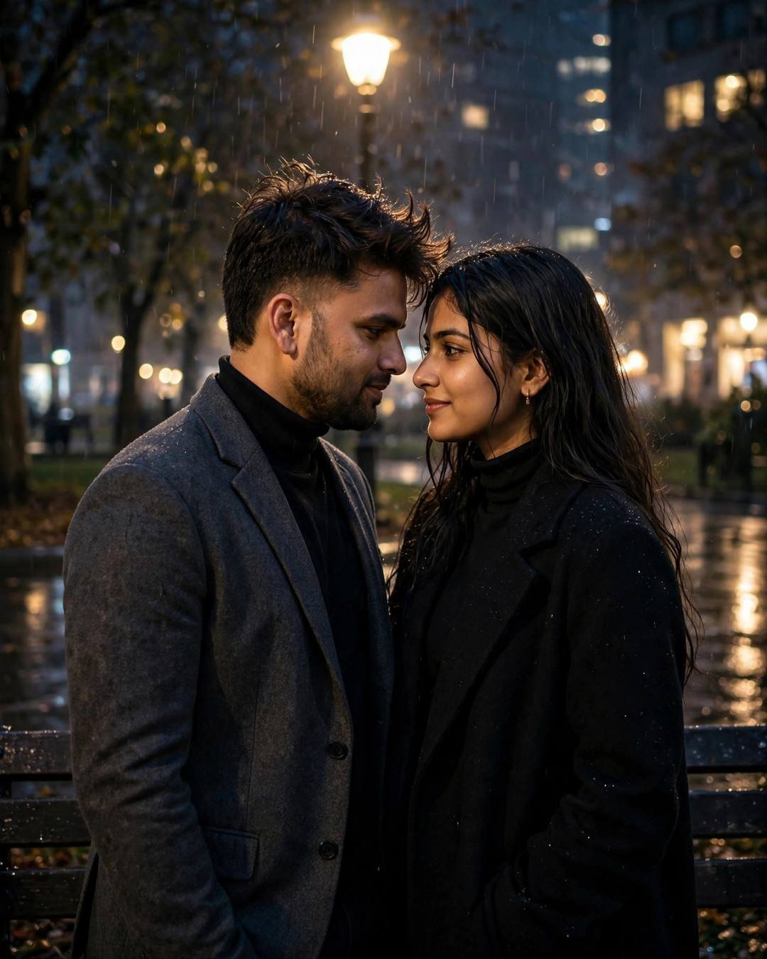 Young Indian couple standing face to face in a rainy park at night, foreheads almost touching, streetlamp glowing