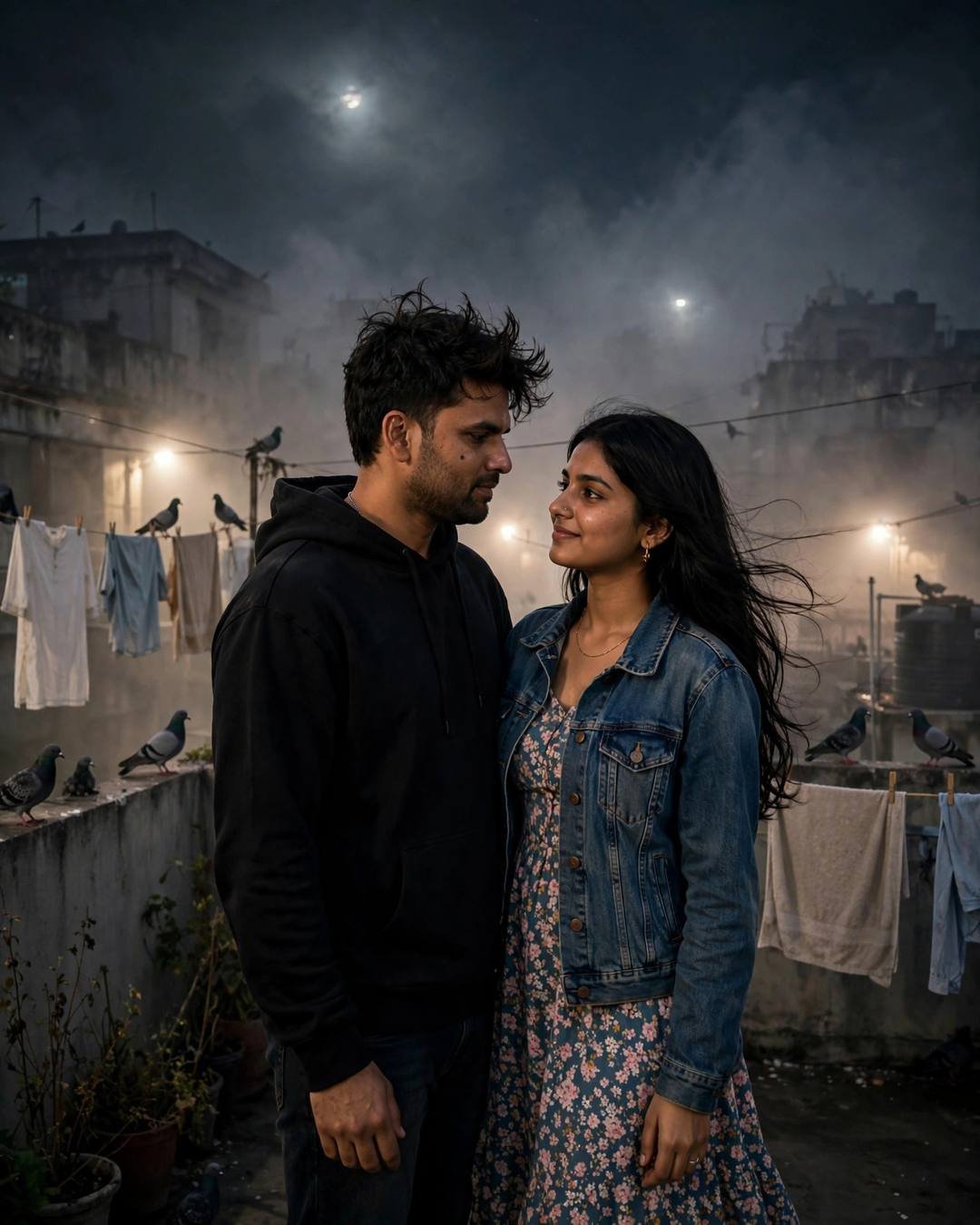 Young Indian couple facing each other on a foggy rooftop terrace at night, moon behind clouds, pigeons and laundry lines