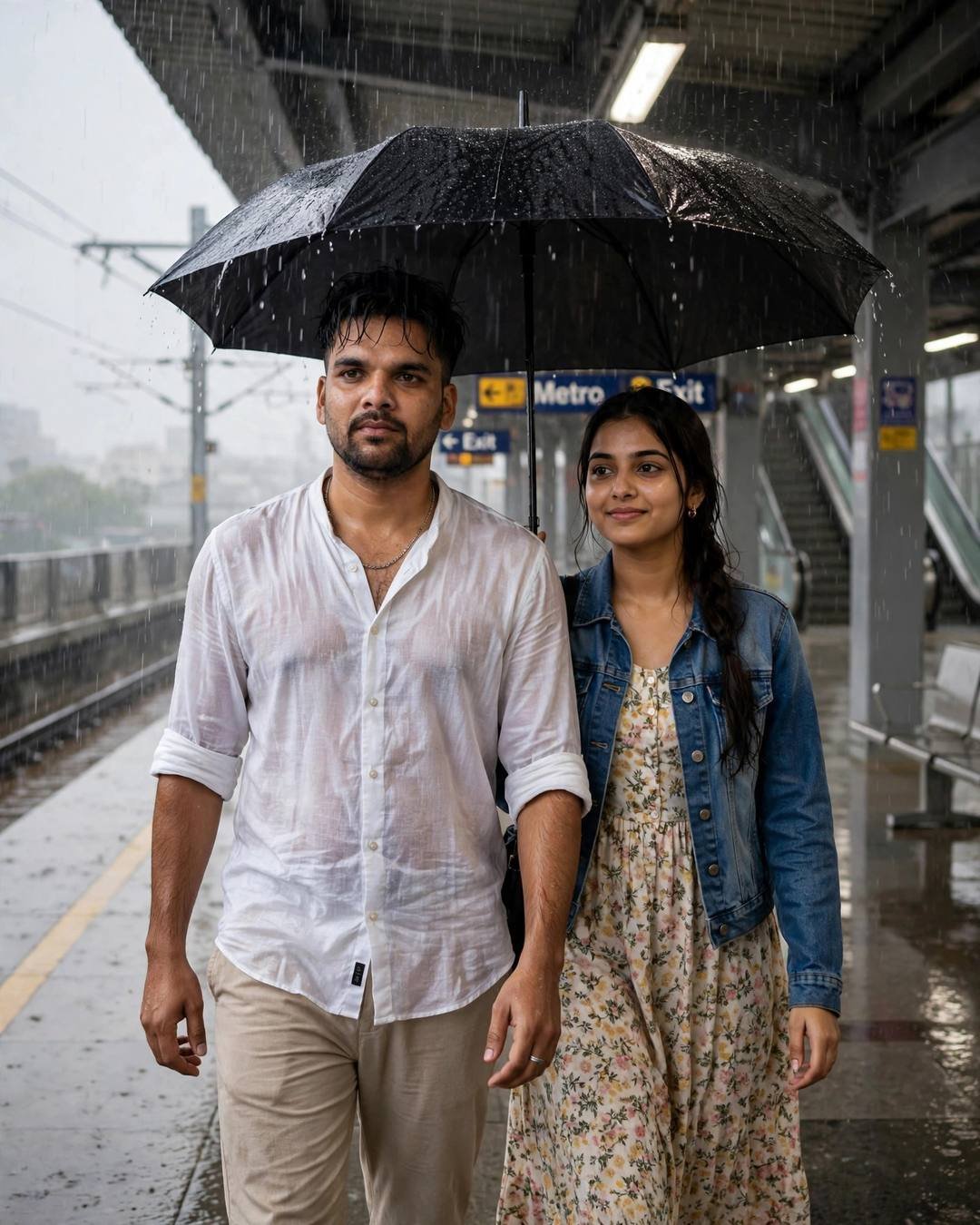 Young Indian couple walking under one umbrella on a rainy metro platform in heavy monsoon rain