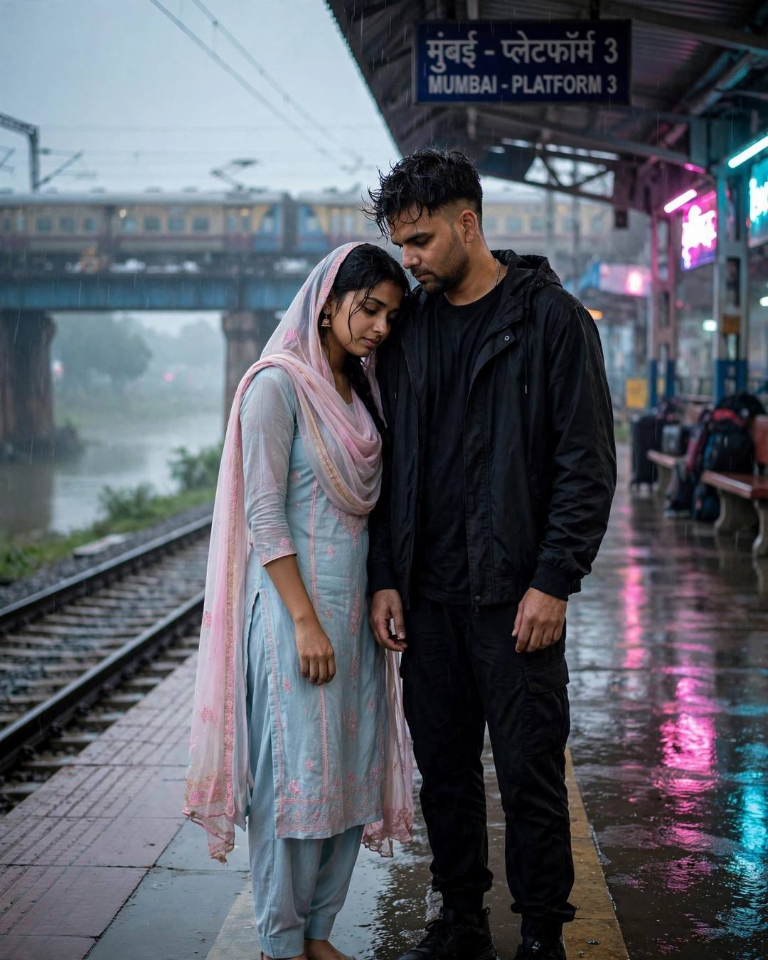 Young Indian couple hugging on a neon-lit railway platform in the rain, pink and cyan reflections