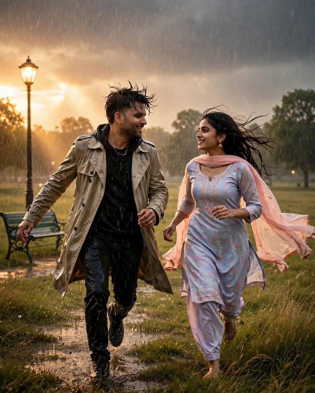 Young Indian couple running hand in hand through golden rain in a park, laughing