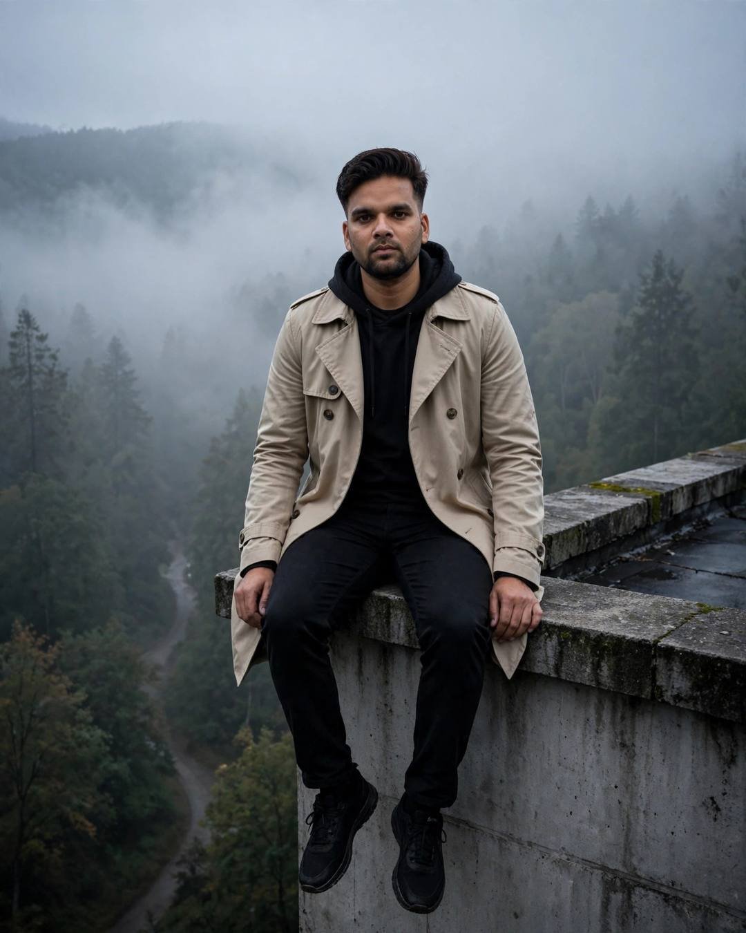 Young Indian man in beige trench coat sitting on a rooftop ledge with legs dangling above a foggy forest
