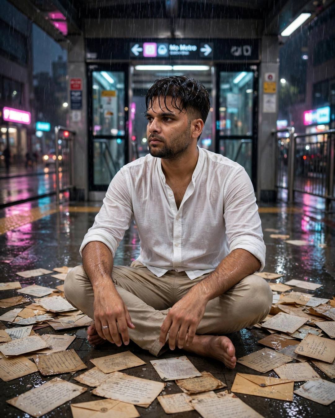 Young Indian man in a white linen shirt sitting cross-legged among old letters at a midnight metro station in neon light