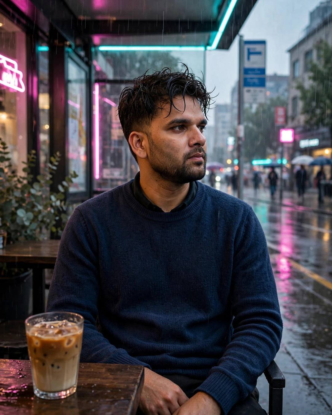 Young Indian man in a navy sweater sitting with an iced coffee at a rainy bus stop cafe, neon glowing behind