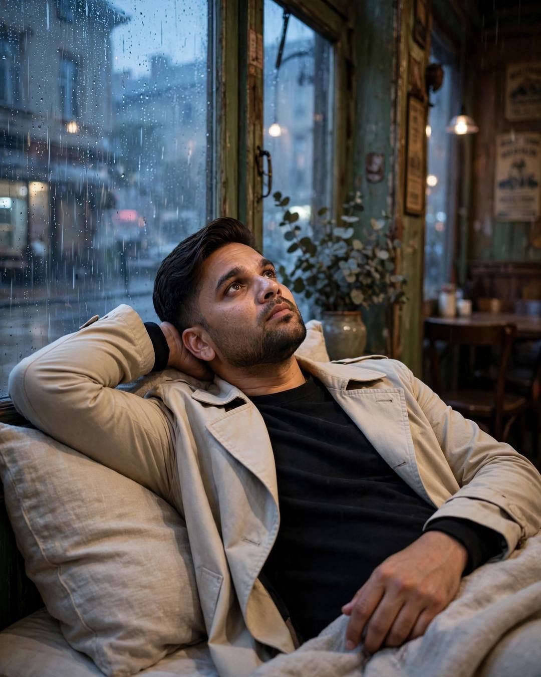 Young Indian man in a beige trench coat reclining by a fogged cafe window at blue hour
