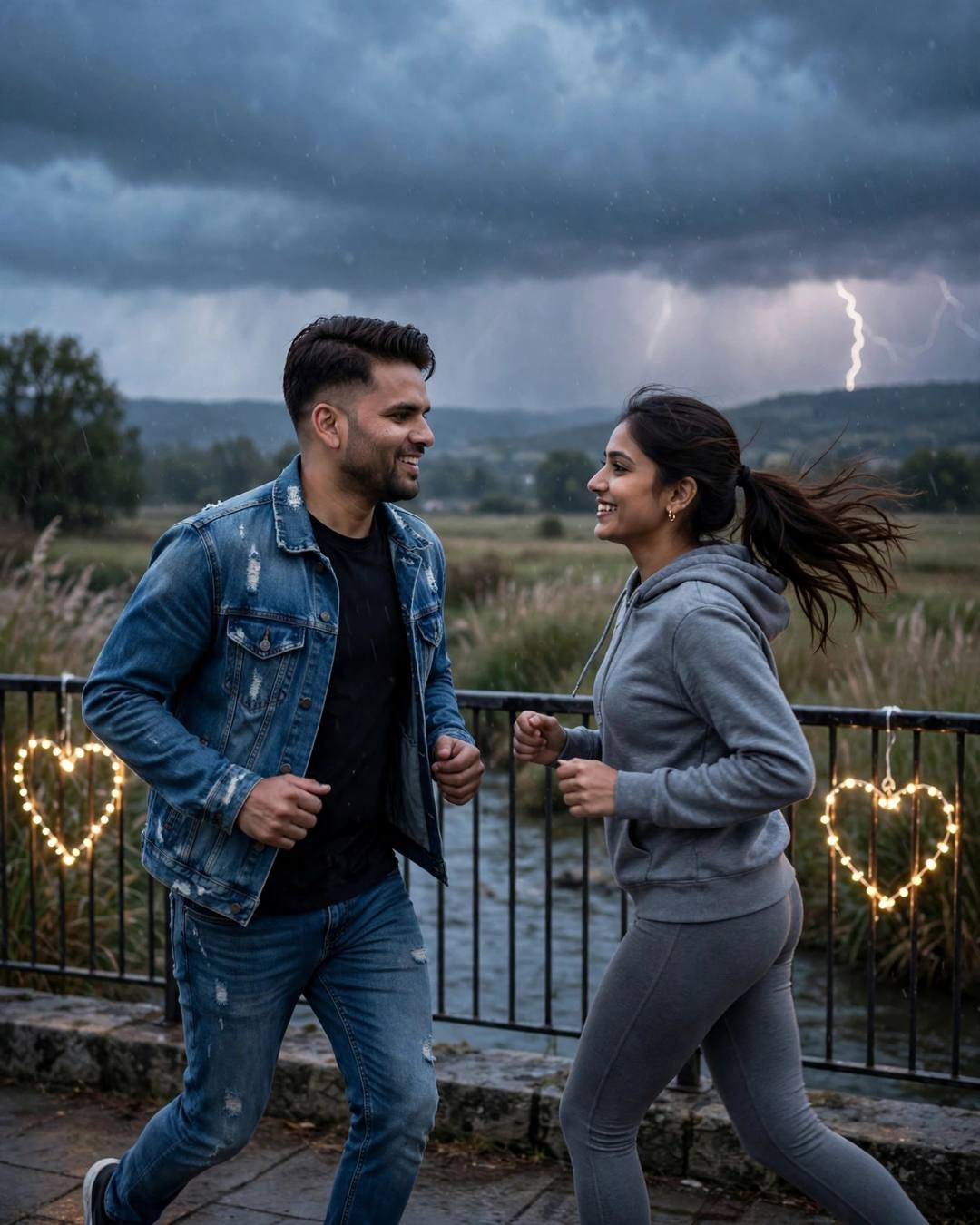 Young Indian couple running toward each other on a river bridge in a lightning storm with heart-shaped lights