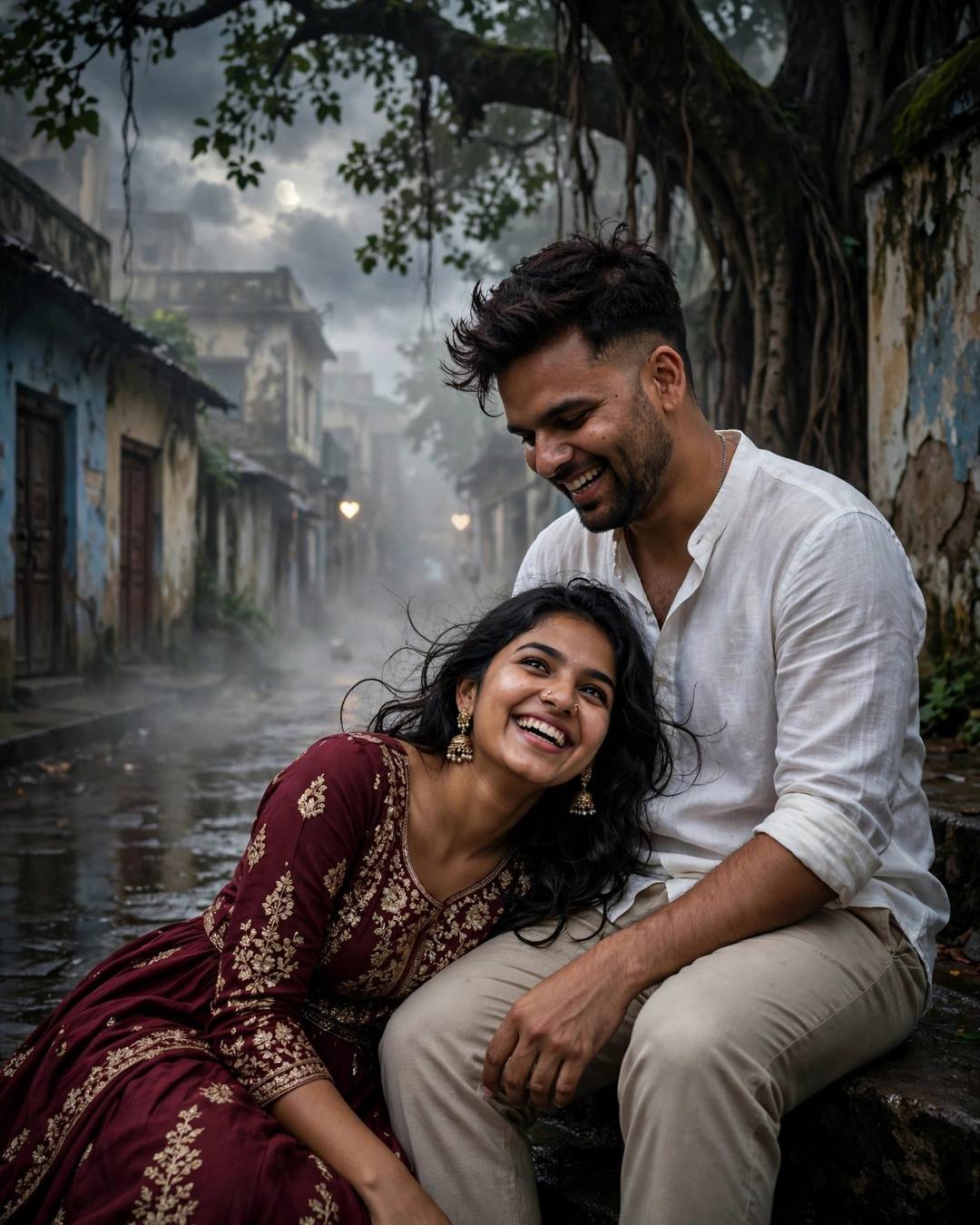 Young Indian couple laughing together under a tree in a misty old-city lane, her head resting in his lap