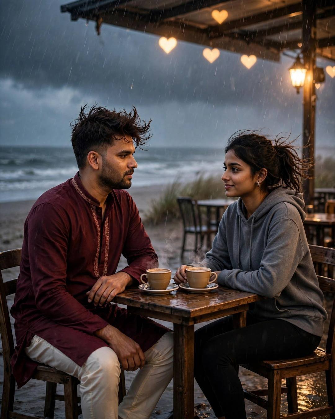 Young Indian couple at a beachside cafe table in drizzle, hands almost touching over coffee cups, sea behind